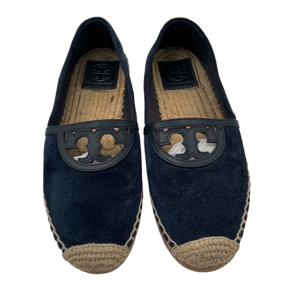 Tory Burch Navy Blue Suede Double T Logo Espadrille Flats Size‎ 5.5